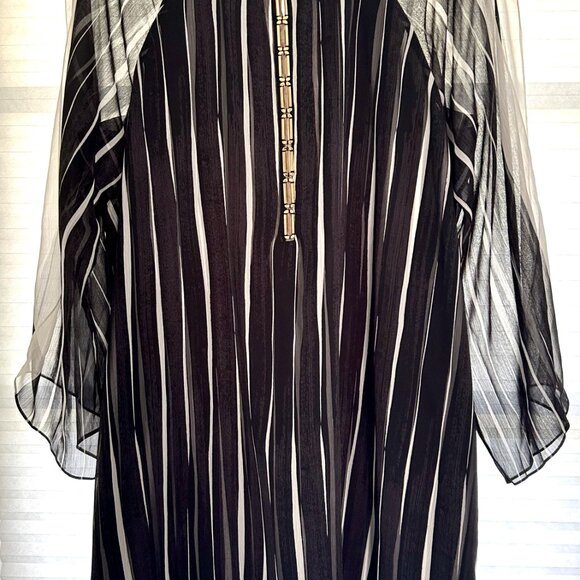 Halston Heritage Black Stripe Mini Dress, Crinkle Chiffon, Gold Detail, Sz. XL - Picture 3 of 11
